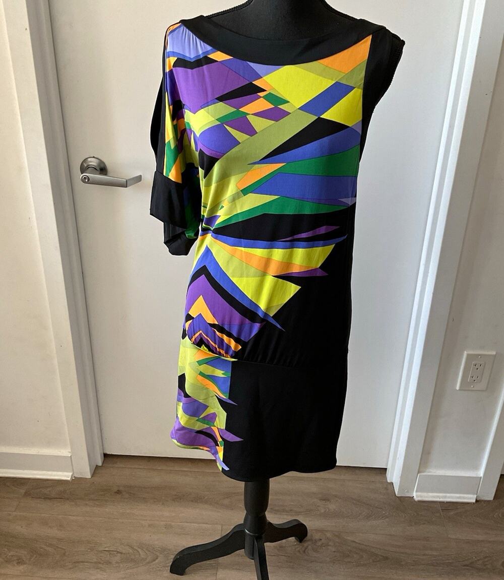 NWT BCBGMAXAZRIA One Sleeve Geometric Abstract Jersey Dress Cold Shoulder SZ M